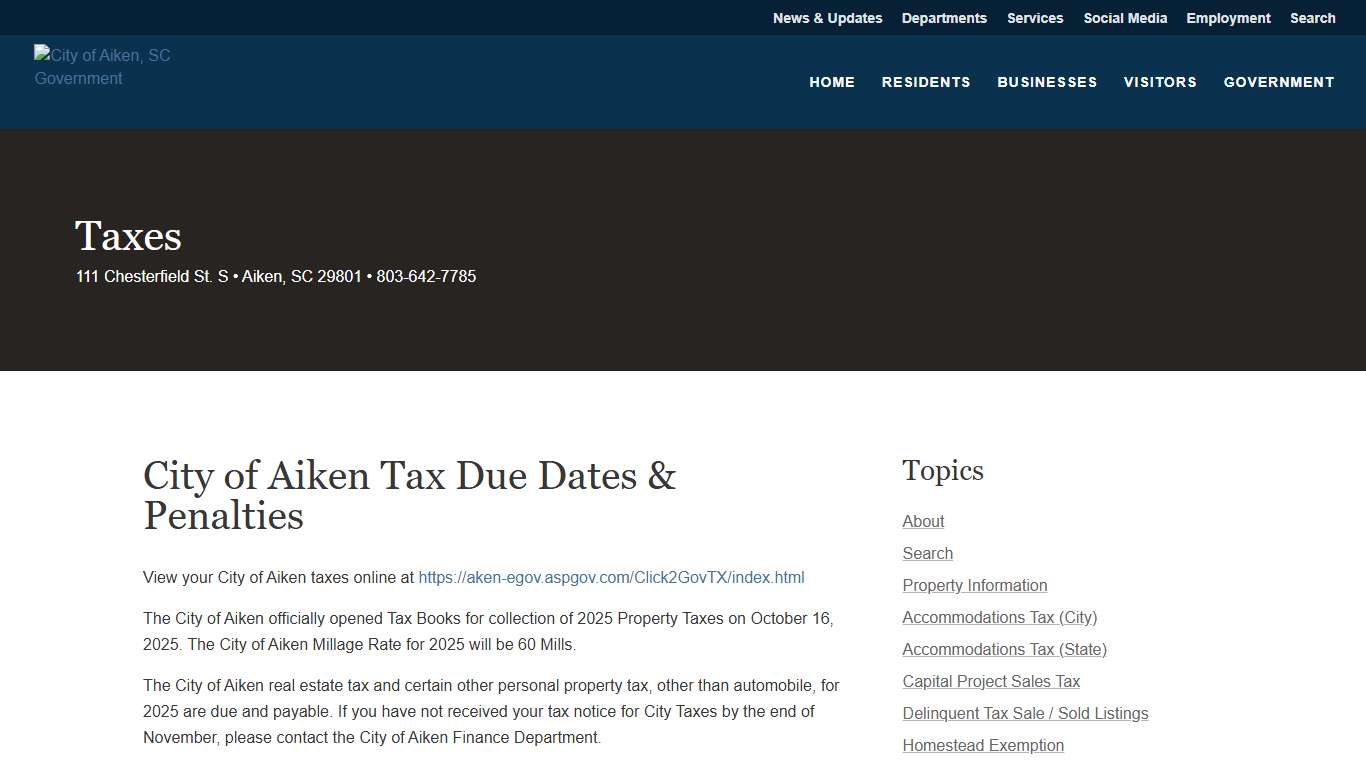Tax Due Dates & Penalties City of Aiken, SC Government